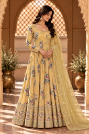 Gul Yellow Floral Print Embroidered Anarkali Set - front view