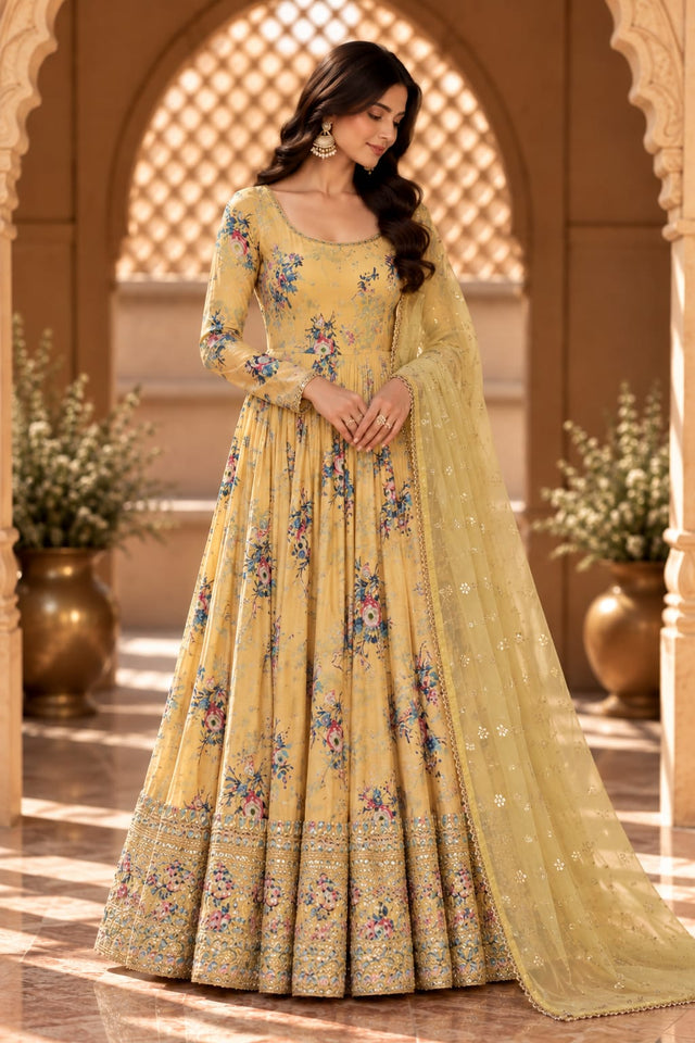 Gul Yellow Floral Print Embroidered Anarkali Set - front view