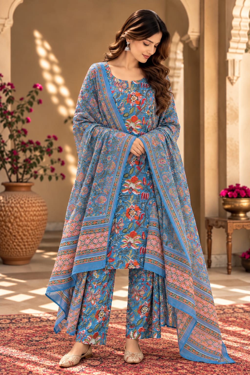 Bhagat Sky Blue Jaal Print Straight Kurta Set With Dupatta - front view