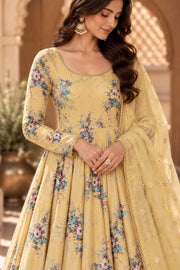 Gul Yellow Floral Print Embroidered Anarkali Set - detail close-up
