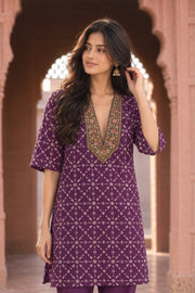 Bahaar Purple Handworked Neckline Co-ord Set - detail close-up