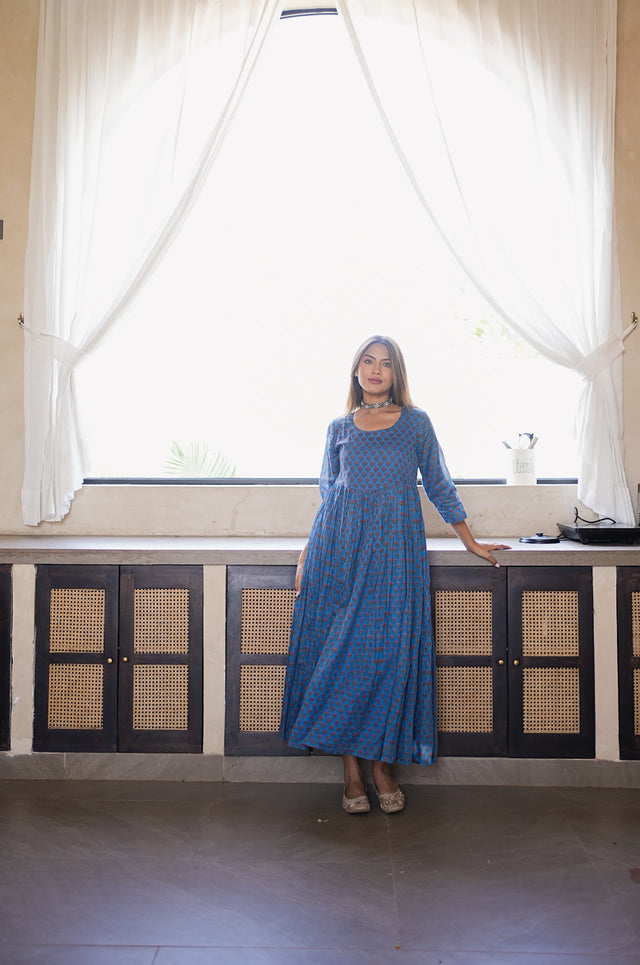 Indigo Block Print Flared Maxi Dress