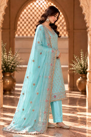 Rooprani Mint Blue Embroidered Straight Kurta Set With Dupatta - side view