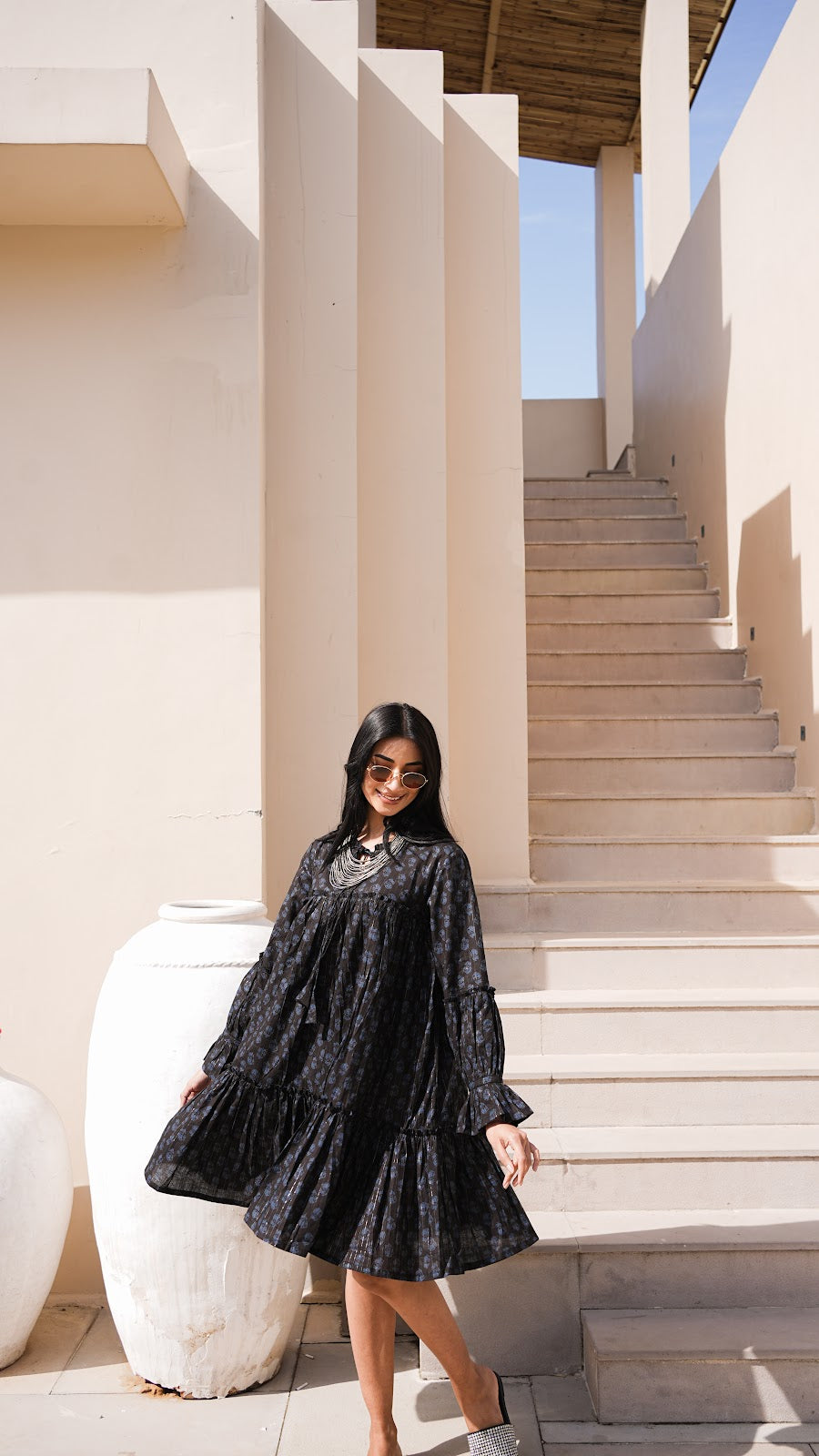 Black Printed Tiered Smock Midi Dress