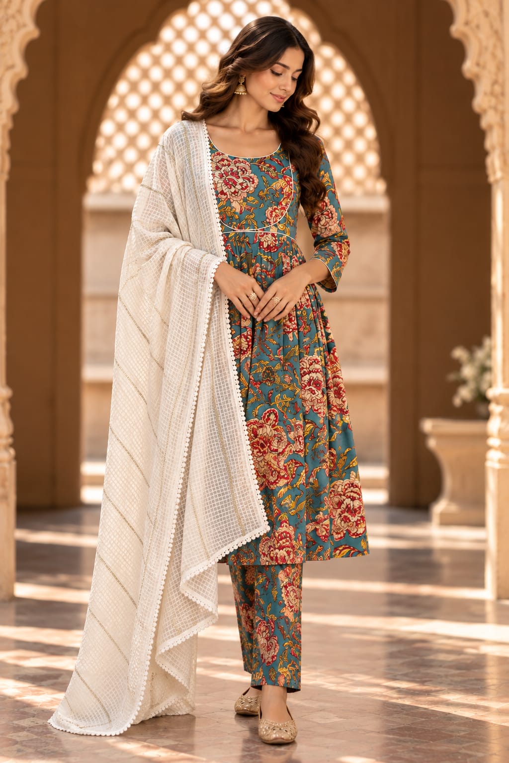 Neckline Green Floral Print Anarkali Set With Dupatta - front view