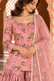 Gifa Peach Floral Print Sharara Set With Sleeves - detail close-up