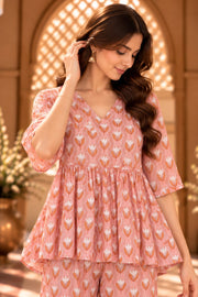 Gifa Peach Tulip Print Peplum Co-ord Set - detail close-up