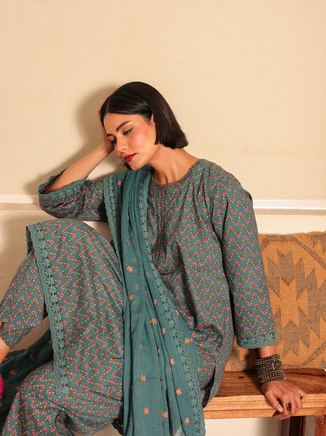 Naira Dusty Blue Pure Cotton Kurta Suit Set