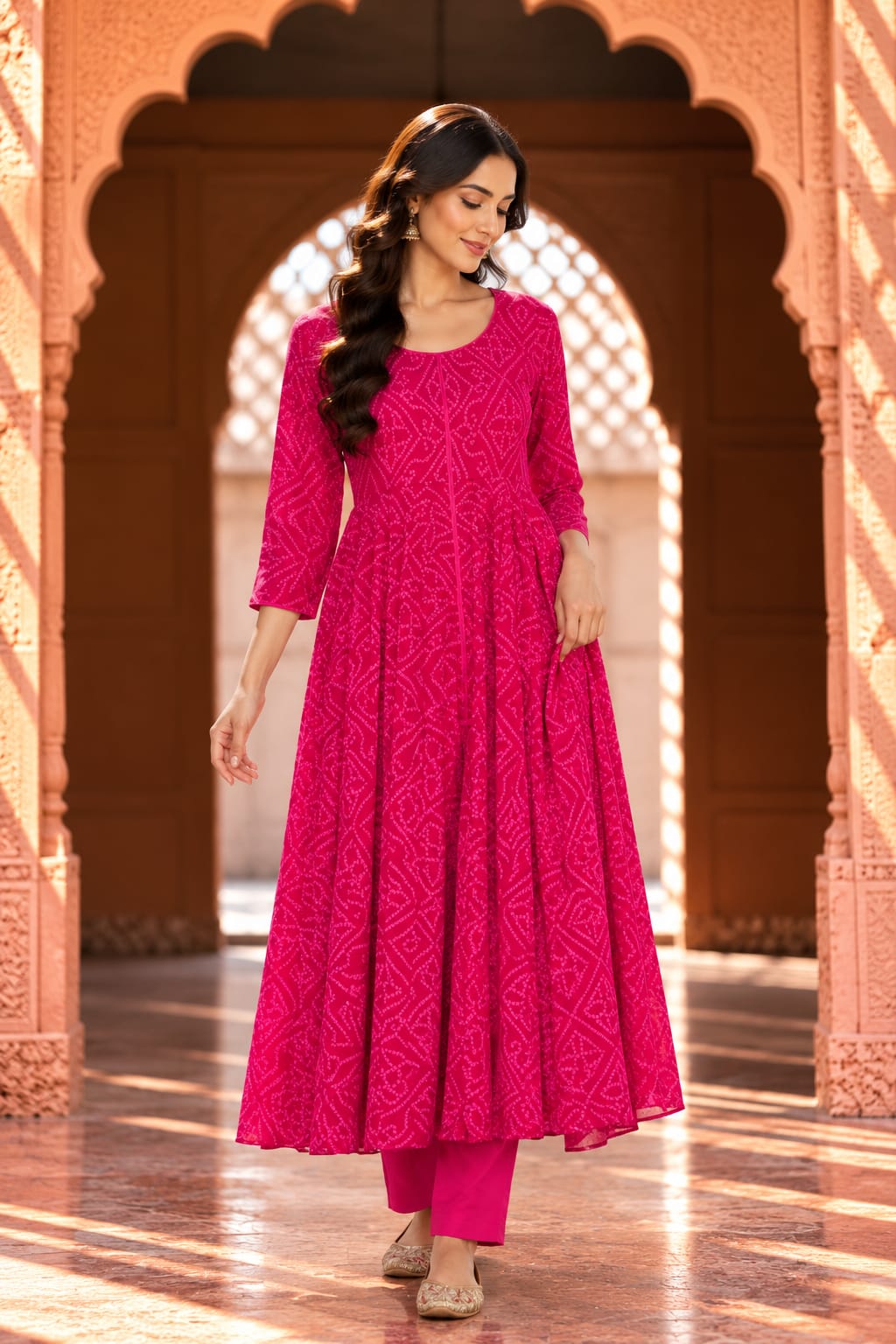 Janhvi Rani Pink Bandhani Anarkali Set - front view