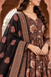 Acacia Black Floral Print Anarkali Set With Dupatta - detail close-up