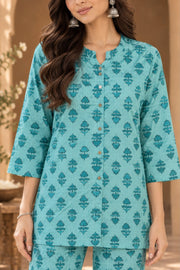 Nirali Aqua Block Print Co-ord Set - detail close-up