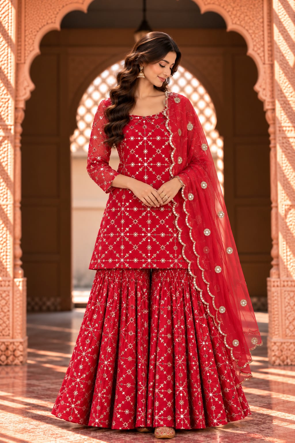 Alina Red Embroidered Sharara Set With Dupatta - front view