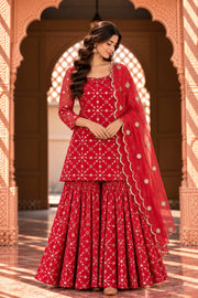 Alina Red Embroidered Sharara Set With Dupatta - front view