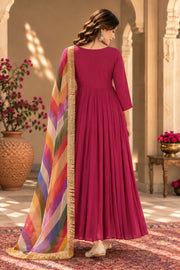 Rani Pink Flared Kurta With Rainbow Leheriya Dupatta - back view