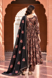 Acacia Black Floral Print Anarkali Set With Dupatta - back view