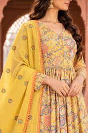 Suki Yellow Floral Print Anarkali Set With Dupatta - detail close-up