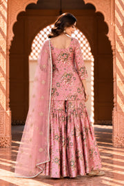 Gifa Peach Floral Print Sharara Set With Sleeves - back view