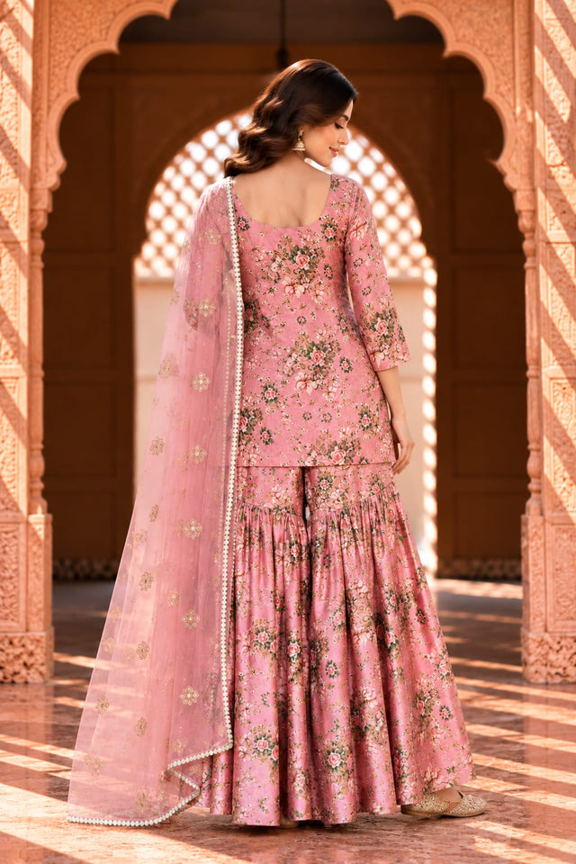 Gifa Peach Floral Print Sharara Set With Sleeves - back view