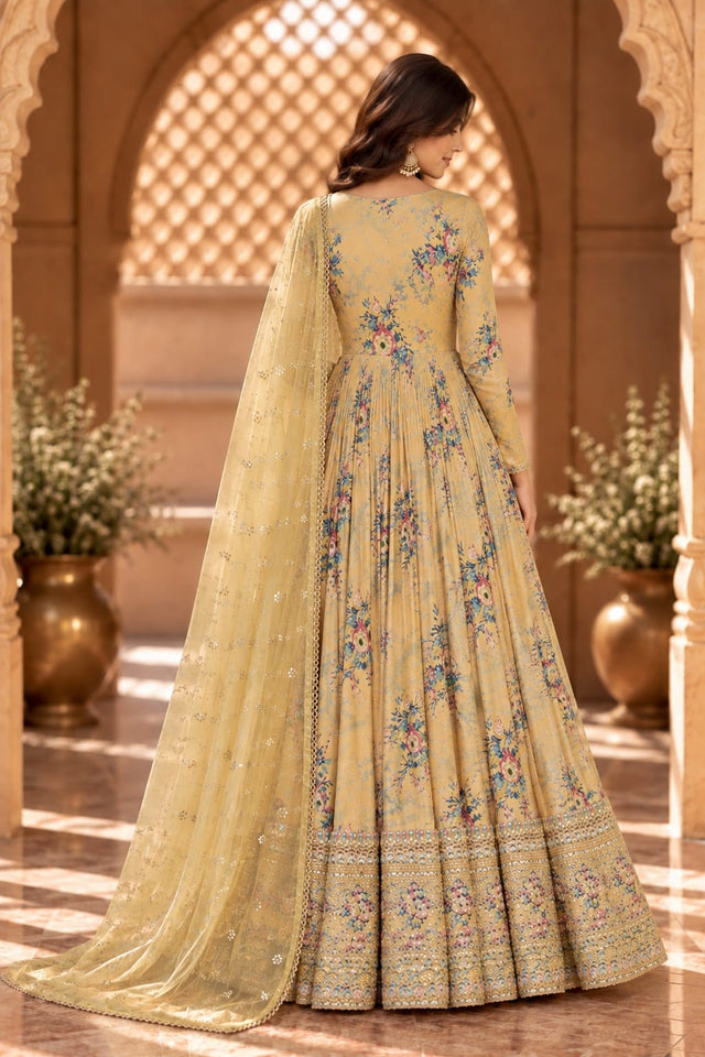 Gul Yellow Floral Print Embroidered Anarkali Set - back view