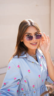 Powder Blue Floral Embroidered Shirt Dress 4