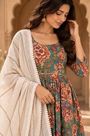Neckline Green Floral Print Anarkali Set With Dupatta - detail close-up
