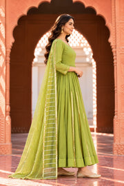 Resham Pista Green Gota Anarkali Set With Dupatta - side view