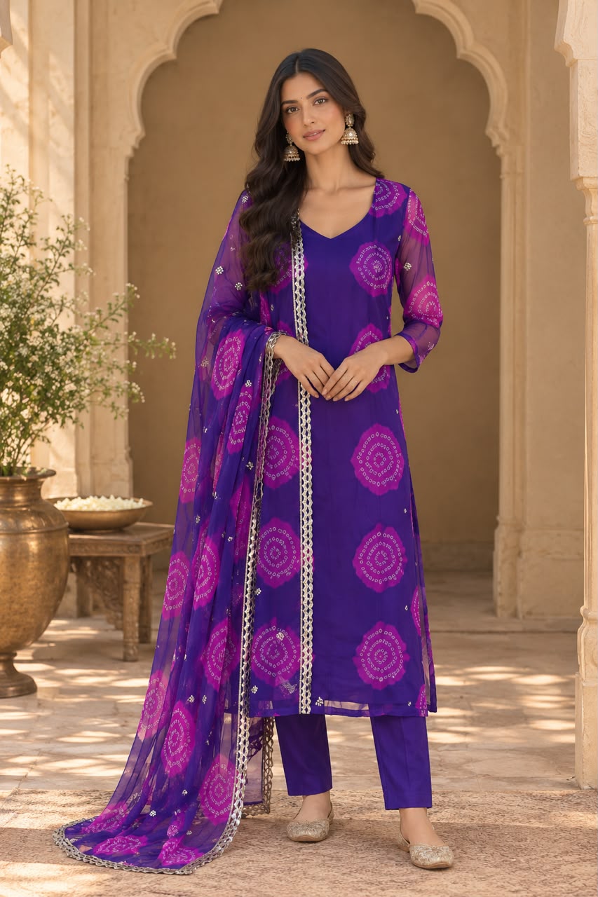 Mimal Purple Bandhani Straight Kurta Set With Dupatta - front view
