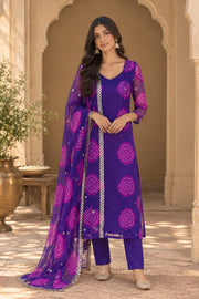 Mimal Purple Bandhani Straight Kurta Set With Dupatta - front view