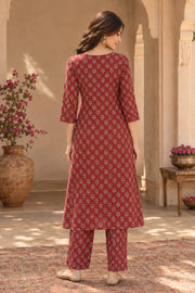 Red Embroidered Neckline A-Line Kurta Set - back view
