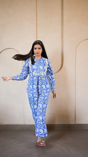 Blue White Floral Block Print Co-ord Set 2