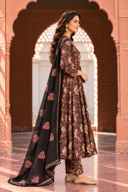Acacia Black Floral Print Anarkali Set With Dupatta - side view