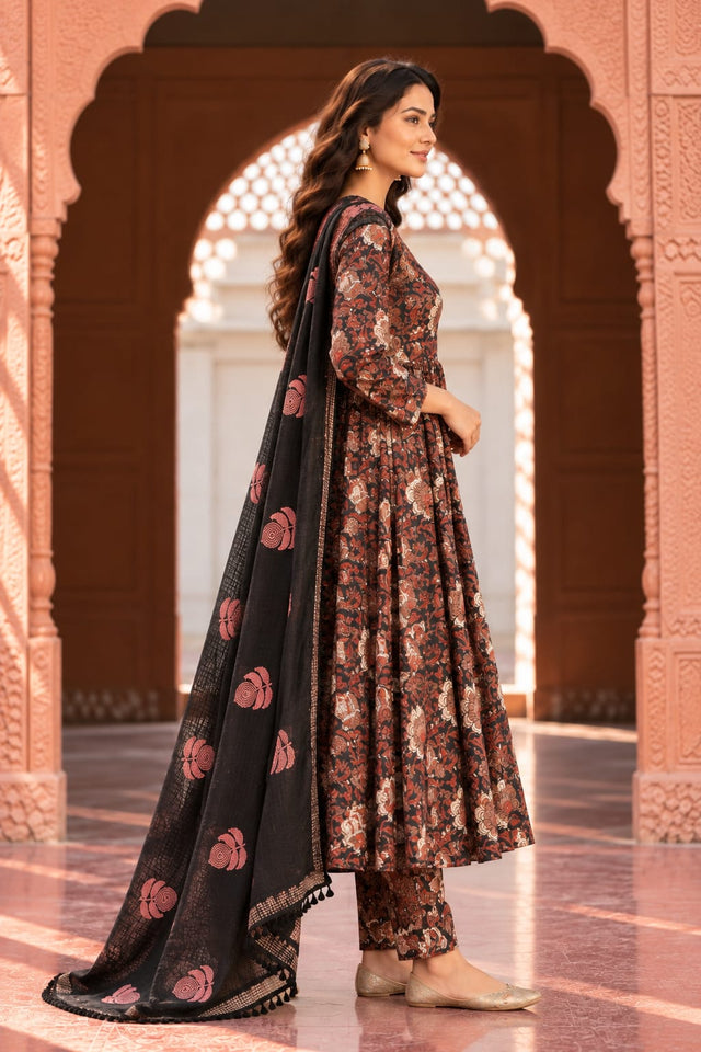 Acacia Black Floral Print Anarkali Set With Dupatta - side view
