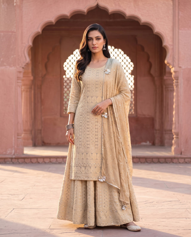 Beigani Beige Sequin Embroidered Lehenga Set