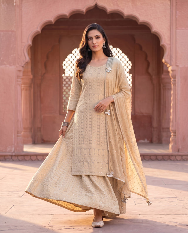Beigani Beige Sequin Embroidered Lehenga Set