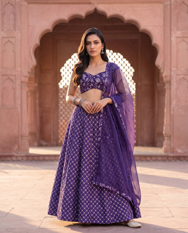 Purple Silver Embroidered Bridal Lehenga Set