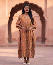 Orange Floral Print Kaftan With Waist Tie 2
