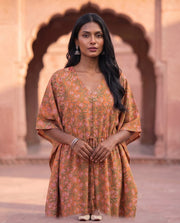 Orange Floral Print Kaftan With Waist Tie 4