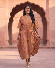 Orange Floral Print Kaftan With Waist Tie 1