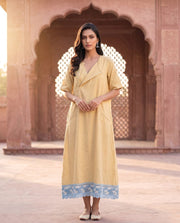 Yellow Cotton Dress With Blue Block Print Hem 2