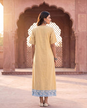 Yellow Cotton Dress With Blue Block Print Hem 3