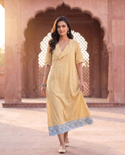 Yellow Cotton Dress With Blue Block Print Hem 1