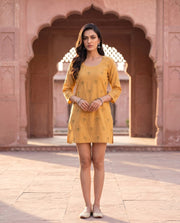 Mustard Yellow Floral Motif Short Kurti Dress 2