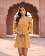 Mustard Yellow Floral Motif Short Kurti Dress 4