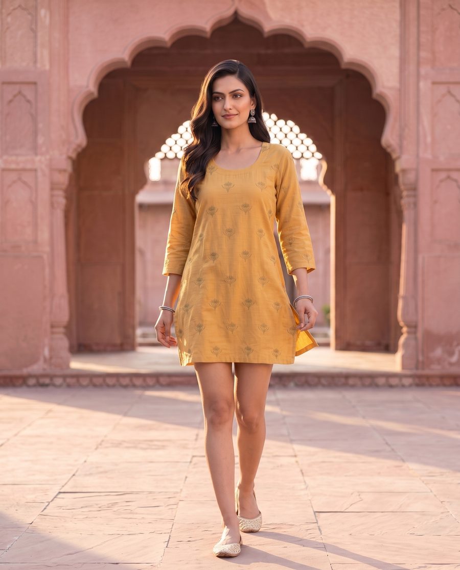 Mustard Yellow Floral Motif Short Kurti Dress