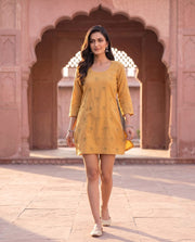 Mustard Yellow Floral Motif Short Kurti Dress 1