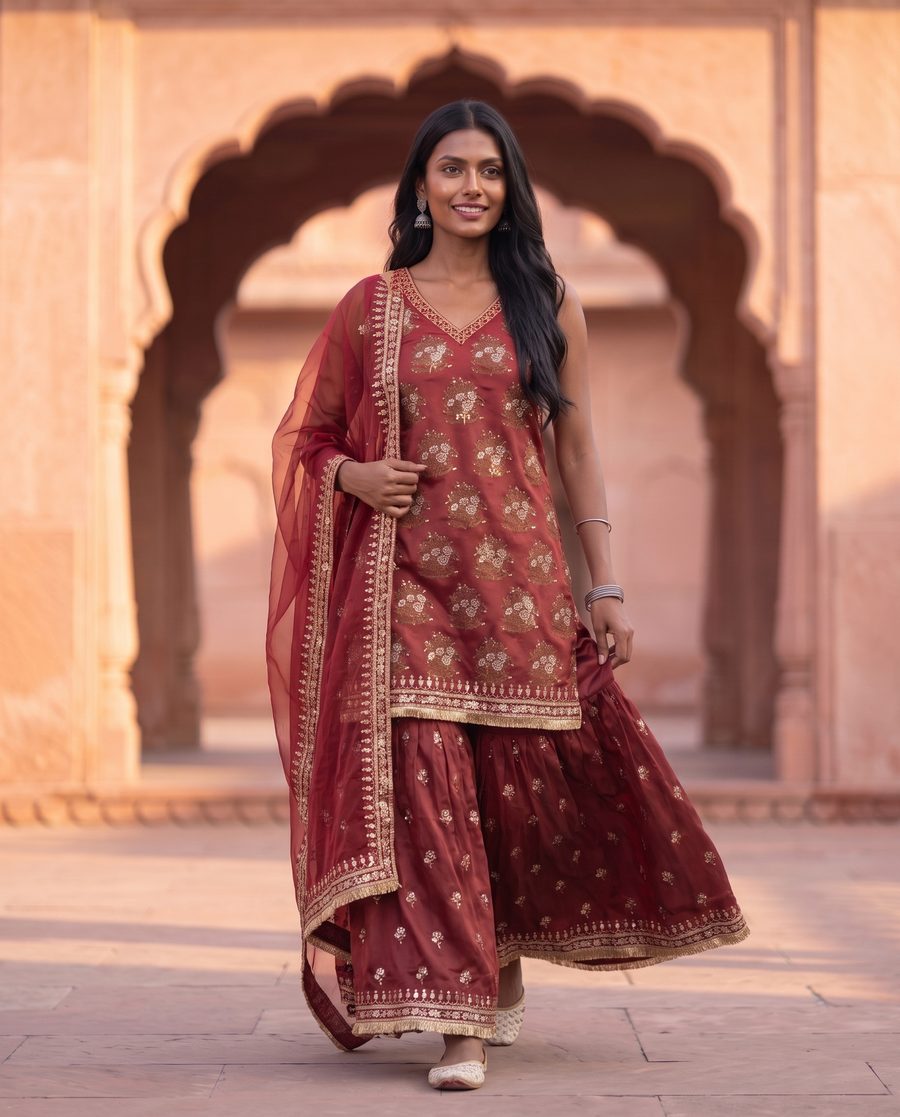 Maroon Gota Embroidered Sharara Set