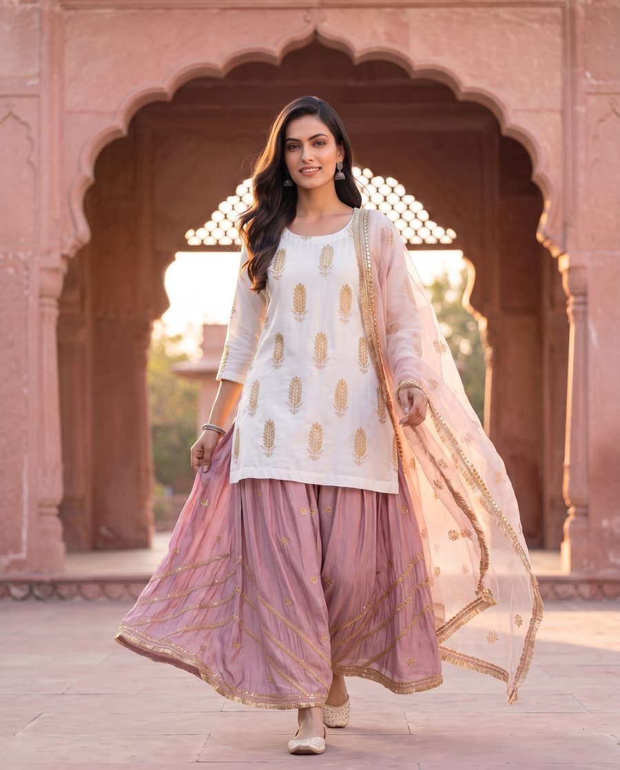White Gold Print Farshi Salwar Kurta Set