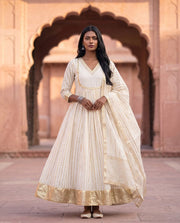 White And Gold Striped Anarkali Set With Dupatta 2