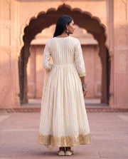 White And Gold Striped Anarkali Set With Dupatta 3
