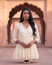 White And Gold Striped Anarkali Set With Dupatta 4